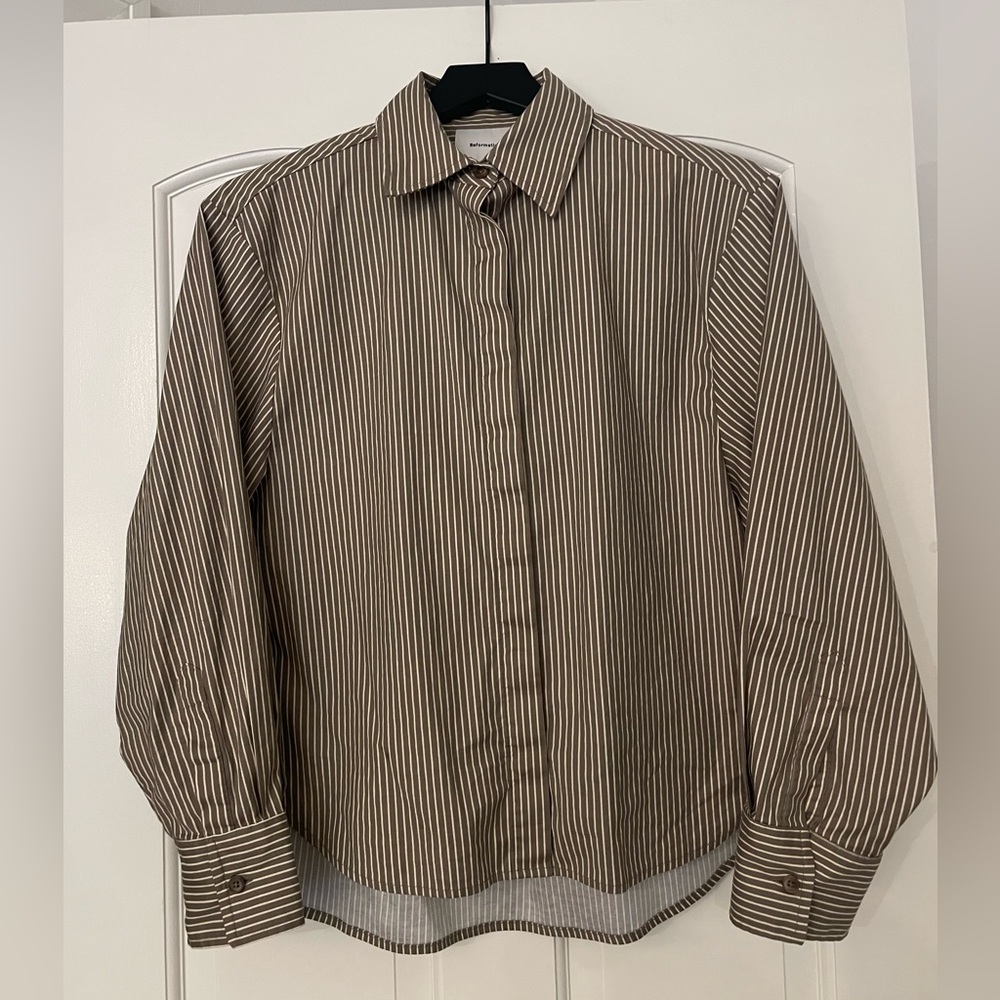Reformation Andy Oversized Shirt in taupe stripe - Picture 6 of 8